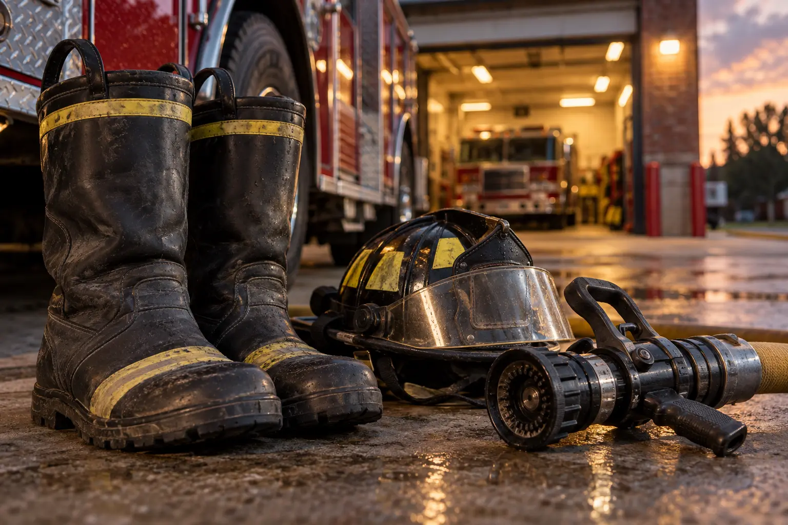 Illustrative boots, helmet, and hose nozzle at a fire station
